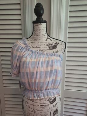 One-Shoulder Pastel Blue & Pink Ruffle Crop Top